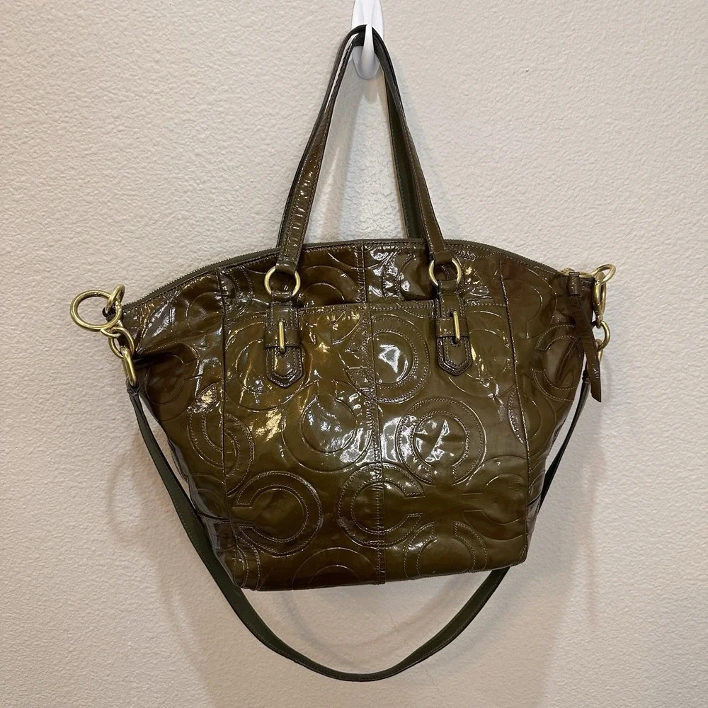 Coach Olive Green Op Art Embossed Patent Leather Madison Satchel Tote Bag